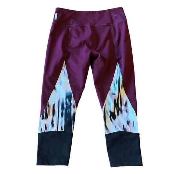 Zella High-Waisted Burgundy Leggings with Striped Sheer Mesh - Picture 1 of 8